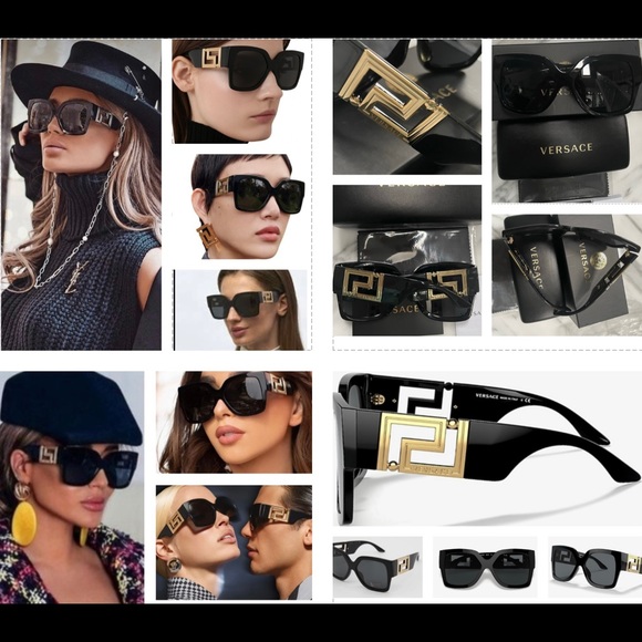 VERSACE STUNNING BLACK SQUARE FRAME SUNGLASSES WITH DRAMATIC GOLD GRECA LOGO - Picture 8 of 16
